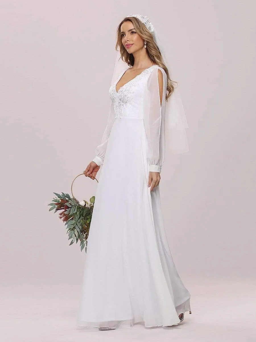 Long Sleeve Appliqued Chiffon Elopement Wedding Dress