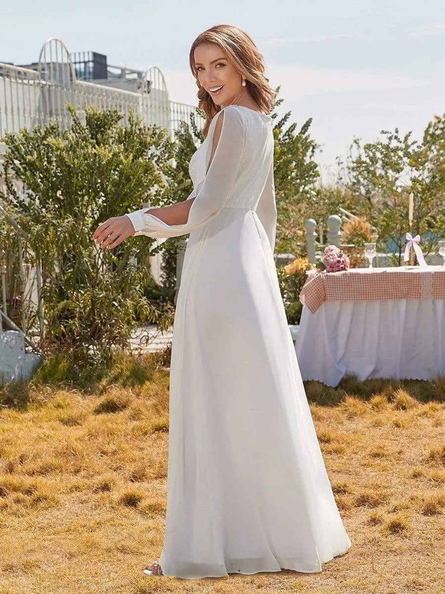 Long Sleeve Appliqued Chiffon Elopement Wedding Dress