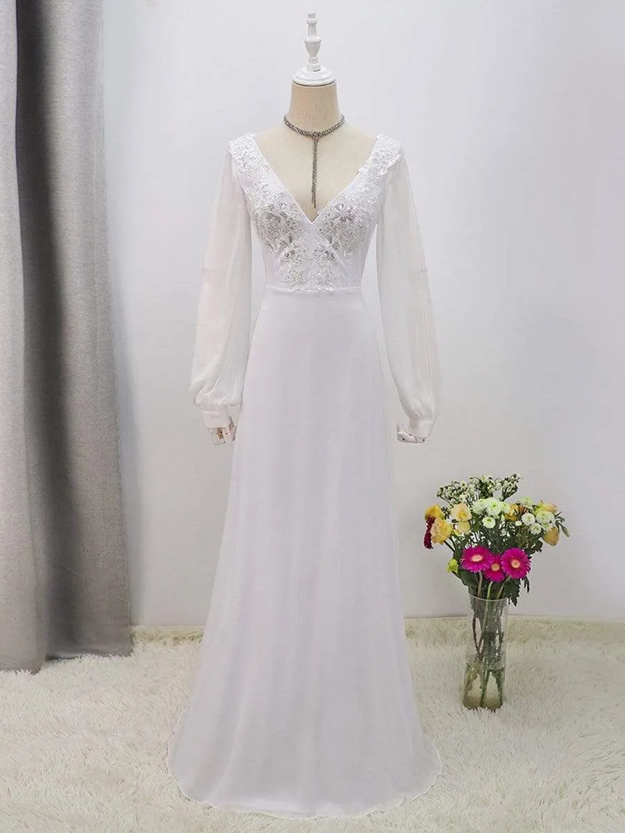 Long Sleeve Appliqued Chiffon Elopement Wedding Dress