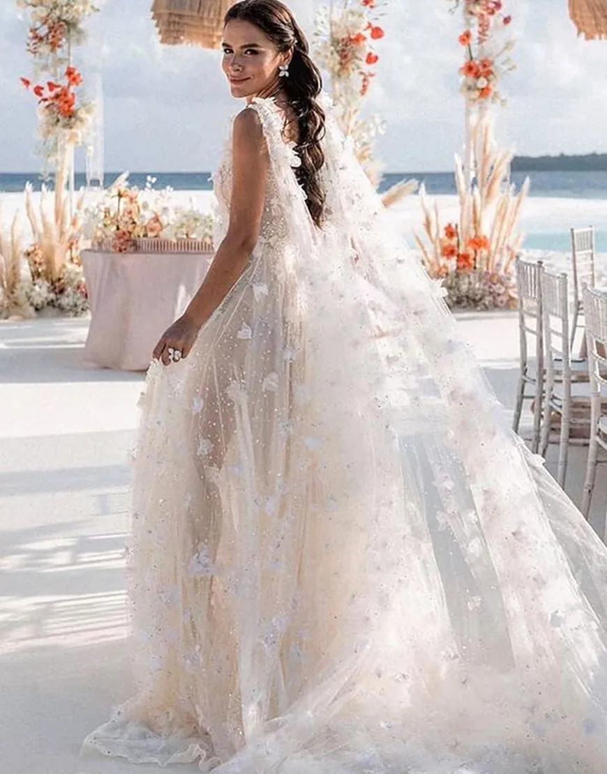 Luolandi A-line Lace Wedding Dress with Split V-neck Sexy Beautiful Without bride veil
