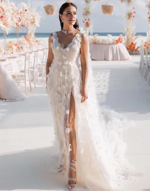 Luolandi A-line Lace Wedding Dress with Split V-neck Sexy Beautiful Without bride veil