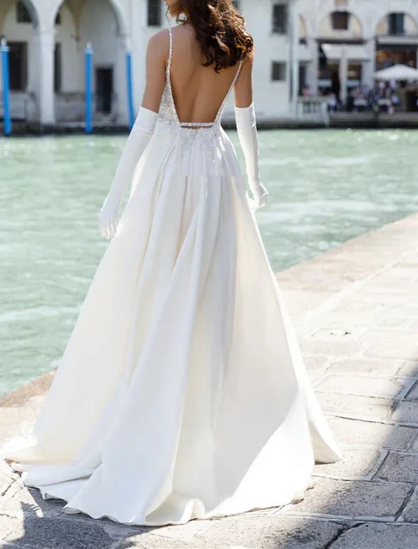Luolandi Beach Open Back Boho Wedding Dresses A-Line Sweetheart Camisole Spaghetti Strap Sweep / Brush Train Satin Bridal Gowns With Split Front Without Gloves