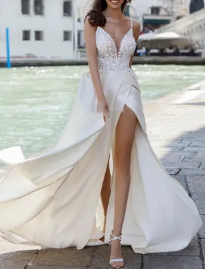 Luolandi Beach Open Back Boho Wedding Dresses A-Line Sweetheart Camisole Spaghetti Strap Sweep / Brush Train Satin Bridal Gowns With Split Front Without Gloves