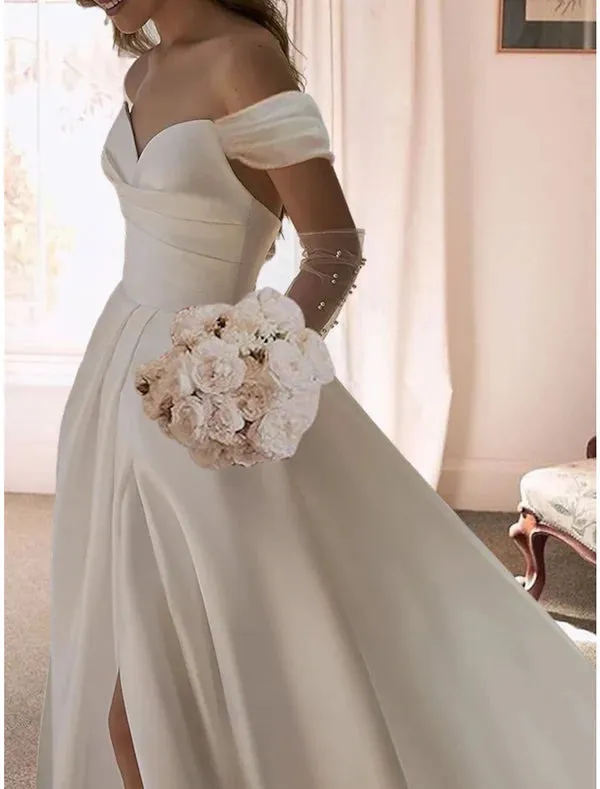 Luolandi Reception Formal Wedding Dresses Ball Gown Off Shoulder Short Sleeve Sweep / Brush Train Satin Bridal Gowns With Split Without Gloves