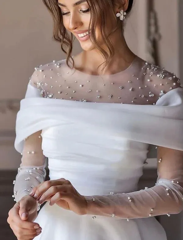 Luolandi Simple Wedding Dresses Wedding Dresses A-Line V Neck Long Sleeve Court Train Chiffon Bridal Gowns With Pleats Ruched Elegant Excluding veil