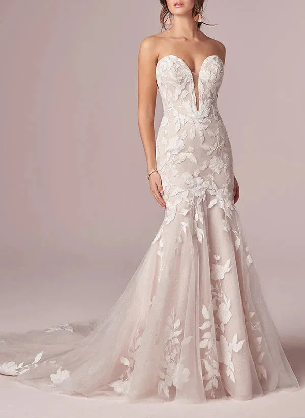 Luolandi Sweetheart Sleeveless Sweep Train Lace Mermaid Wedding Dresses Off Shoulder Floor Length Without Wedding Veil