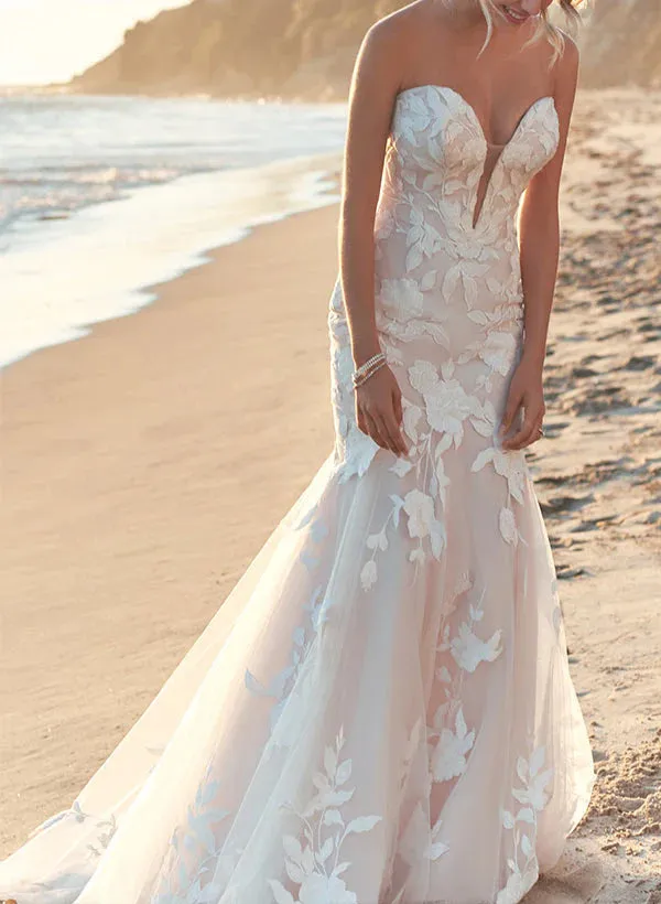 Luolandi Sweetheart Sleeveless Sweep Train Lace Mermaid Wedding Dresses Off Shoulder Floor Length Without Wedding Veil