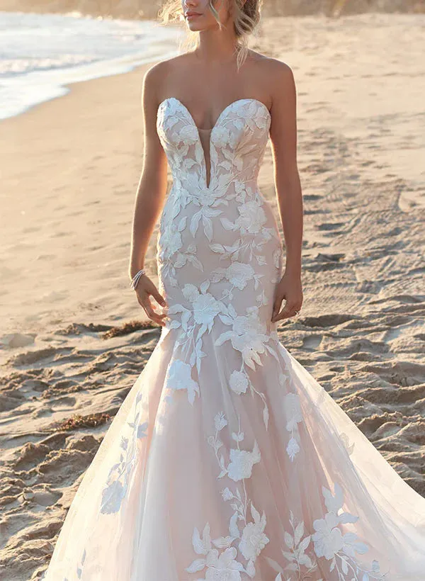 Luolandi Sweetheart Sleeveless Sweep Train Lace Mermaid Wedding Dresses Off Shoulder Floor Length Without Wedding Veil