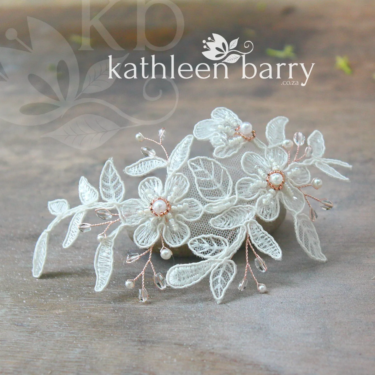 Meredith lace hairpiece - pearl crystal detail - rose gold, gold or silver