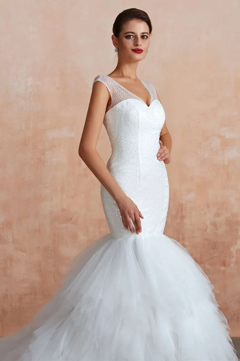 Multi-Tiered Lace-Up Trumpet Wedding Dress with Sweep Train