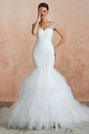 Multi-Tiered Lace-Up Trumpet Wedding Dress with Sweep Train