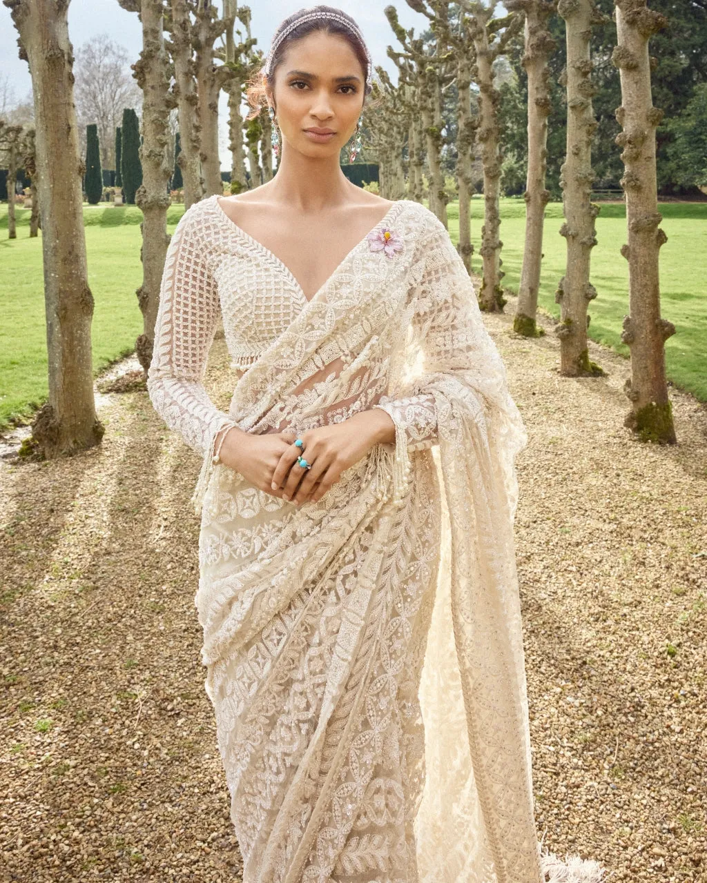 Nude Cream Stripe Sari Set