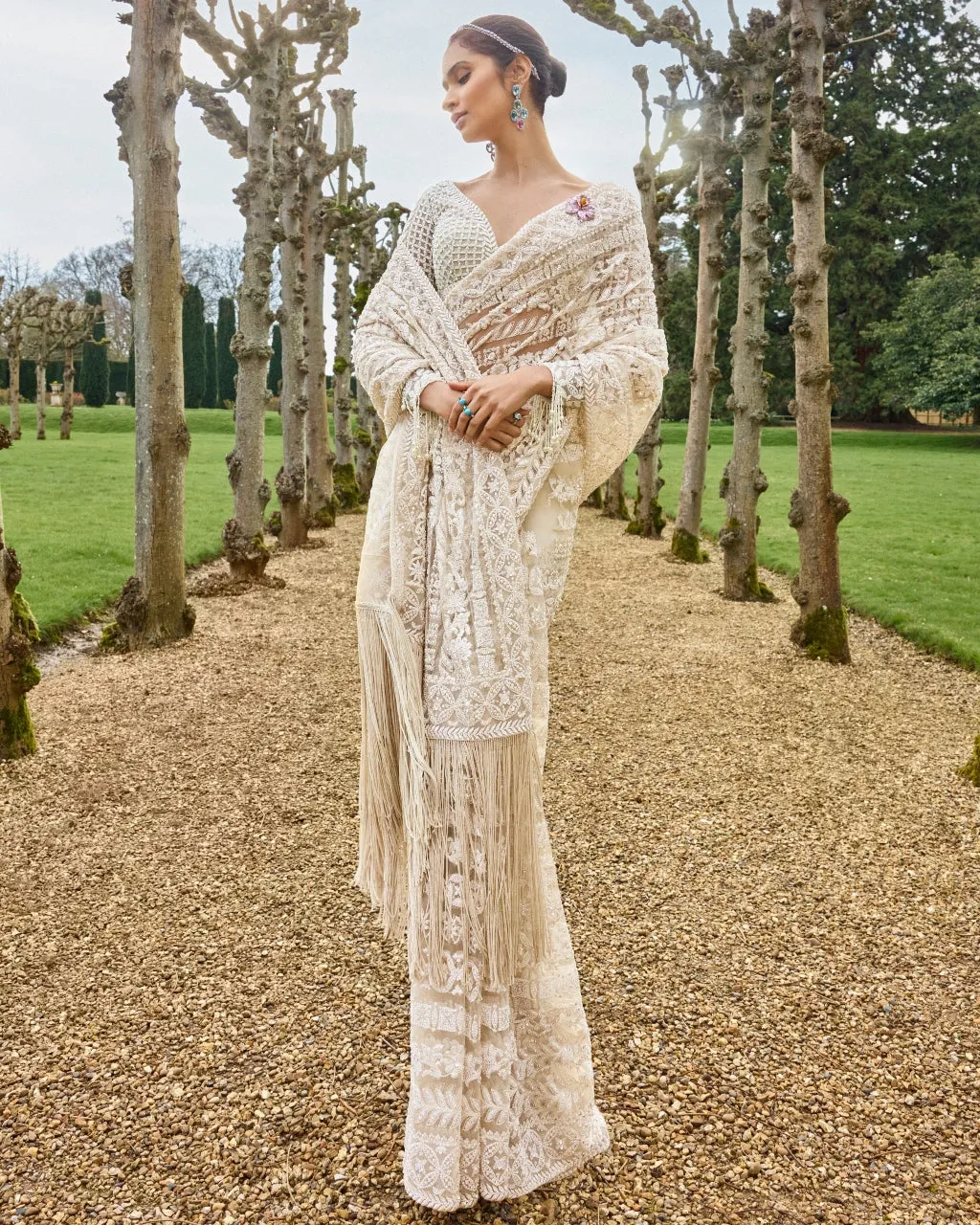 Nude Cream Stripe Sari Set