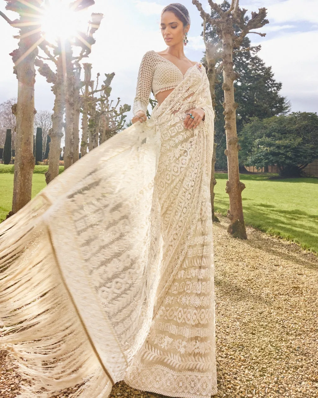 Nude Cream Stripe Sari Set
