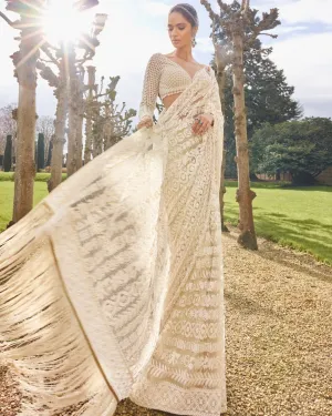 Nude Cream Stripe Sari Set