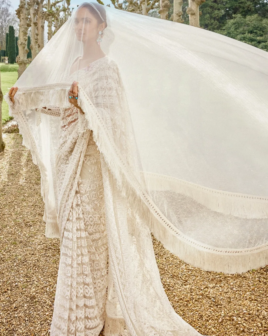 Nude Cream Stripe Sari Set