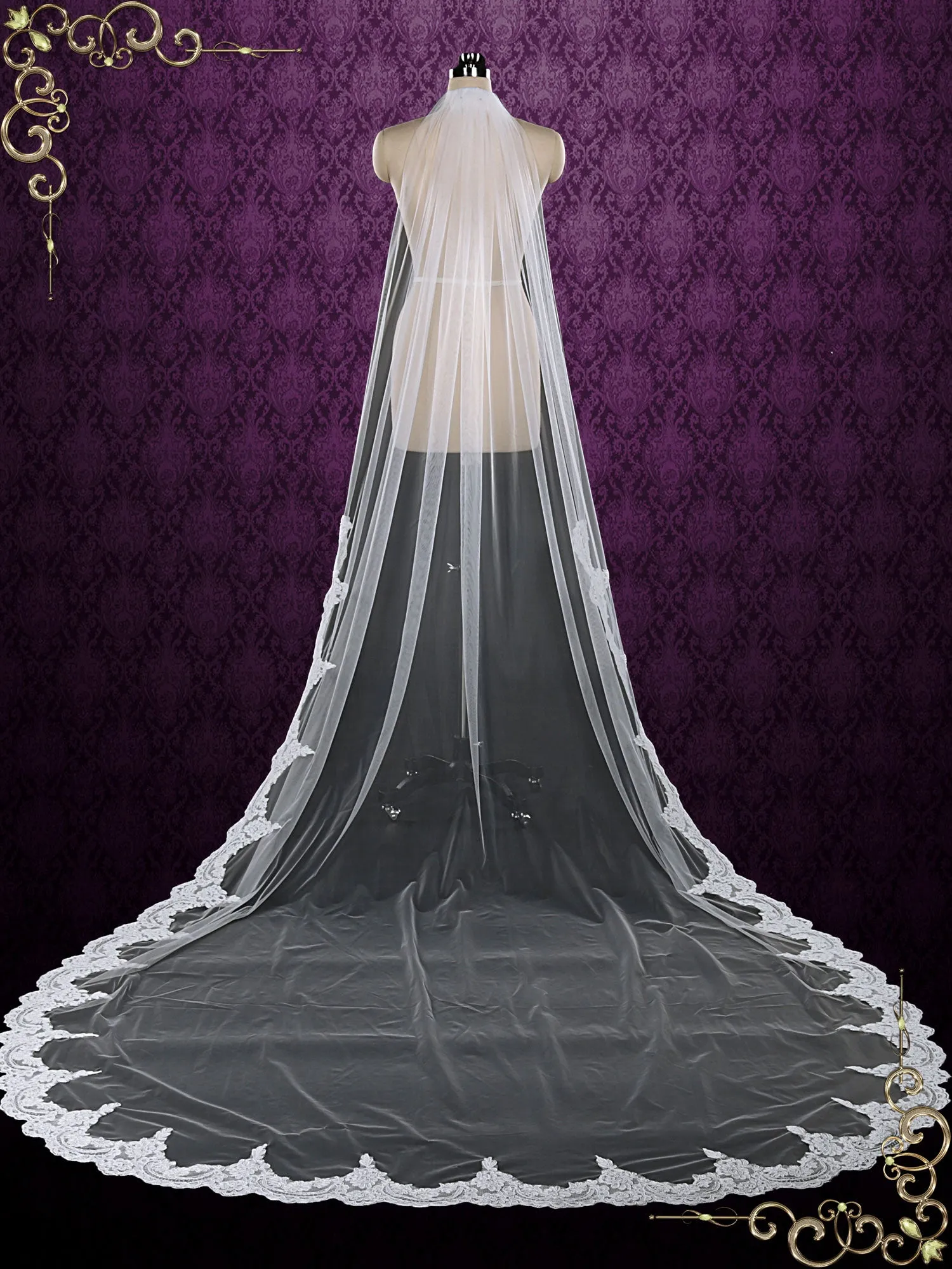 One Layer Cathedral Wedding Veil with Lace from Midway VG1081