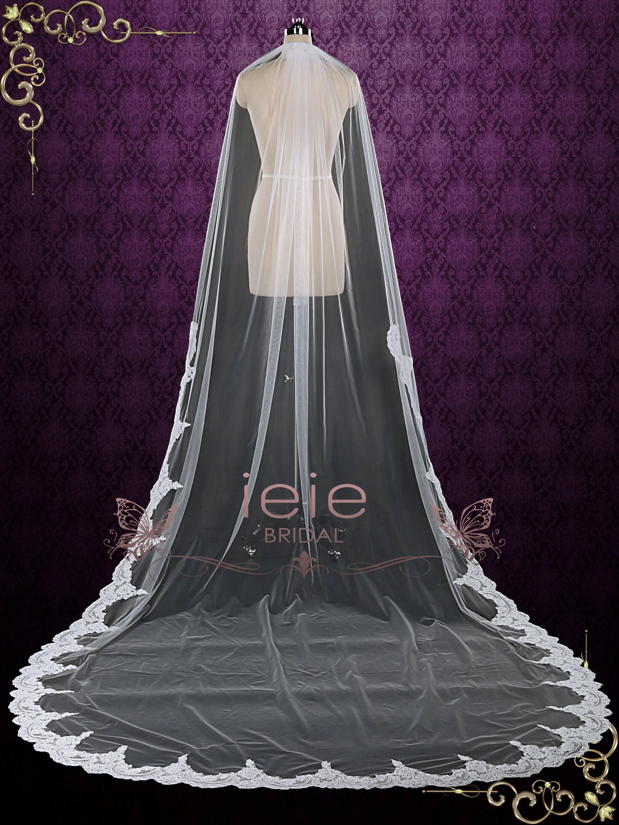One Layer Cathedral Wedding Veil with Lace from Midway VG1081