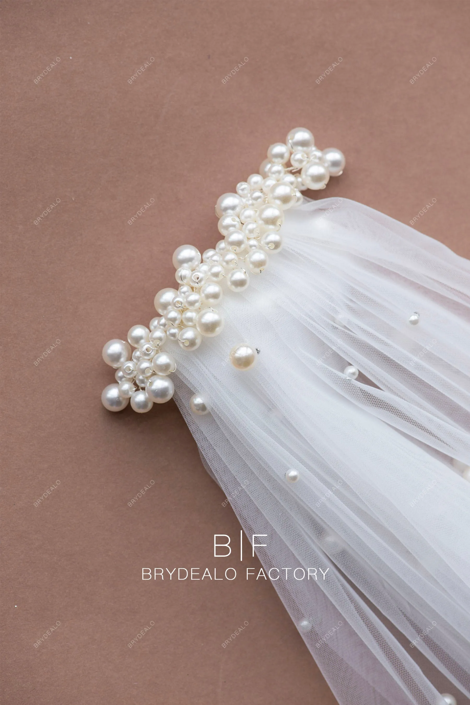 Pearls Adorned Raw Cut Chapel Length Single-tier Wedding Veil