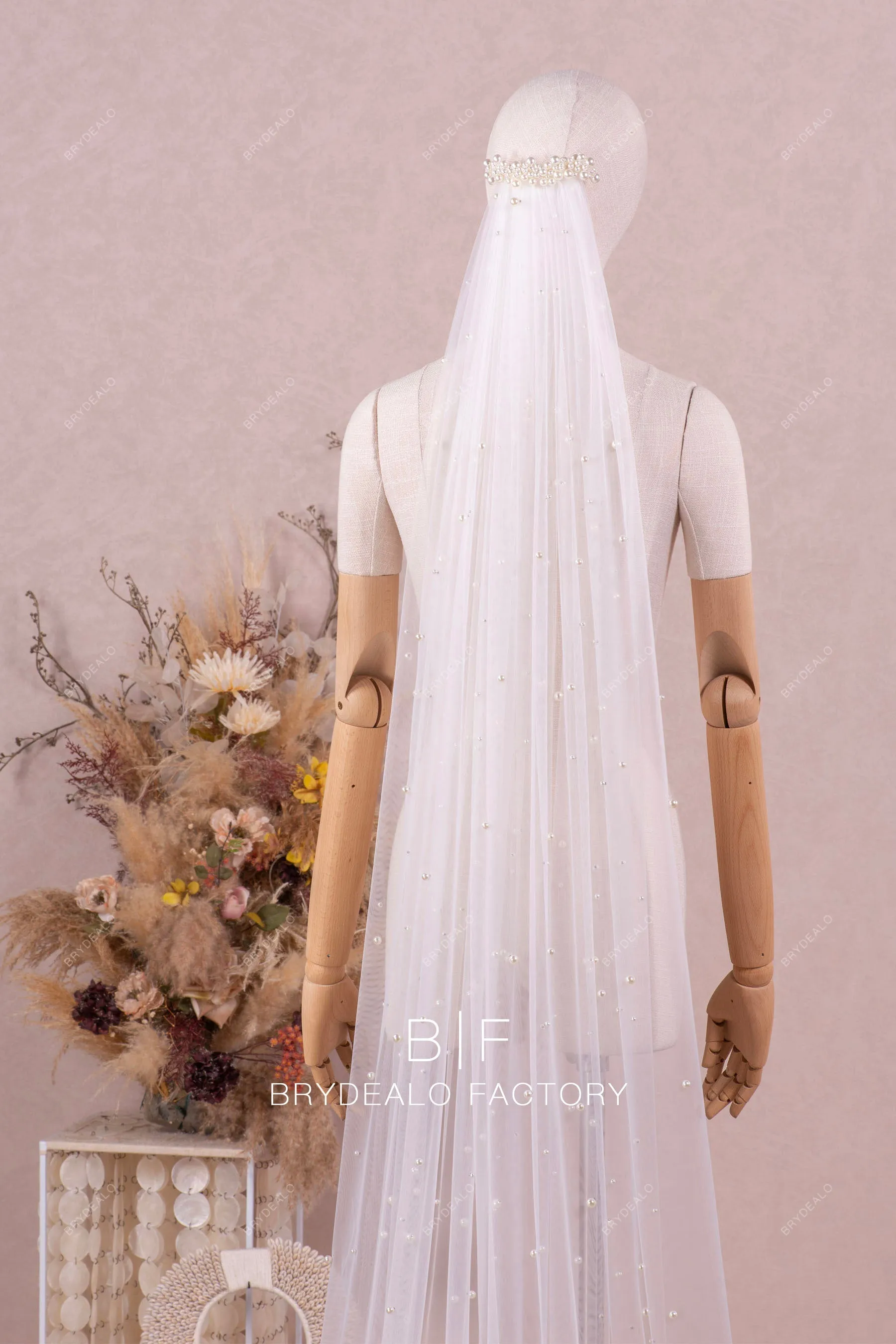 Pearls Adorned Raw Cut Chapel Length Single-tier Wedding Veil