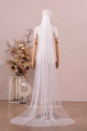 Pearls Adorned Raw Cut Chapel Length Single-tier Wedding Veil