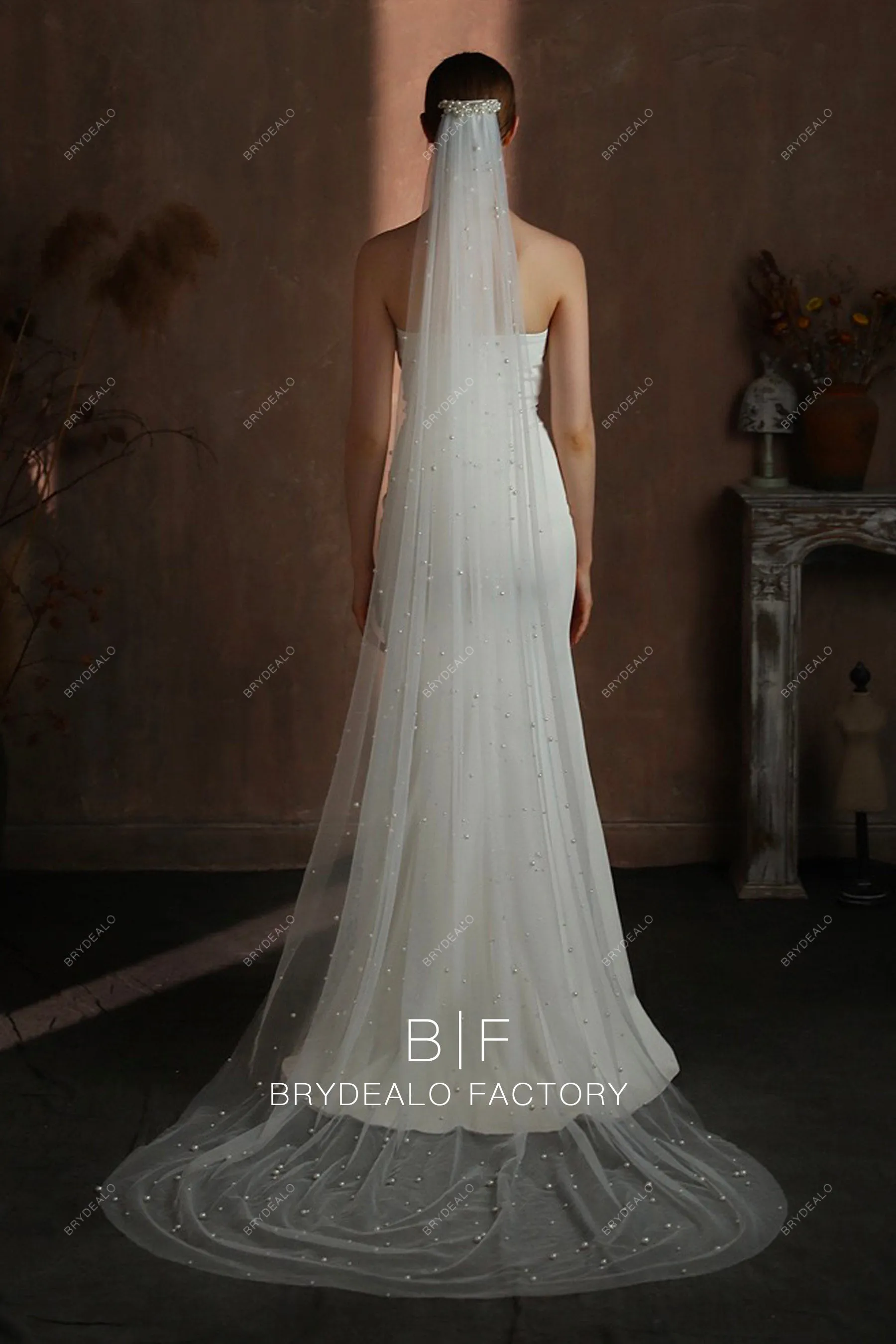 Pearls Adorned Raw Cut Chapel Length Single-tier Wedding Veil