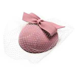 Pink Wool Pillbox Fascinator Hat with Bow and Netted Veil