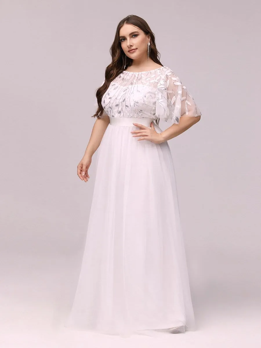 Plus Size Embroidery Short Sleeves Flowy White Wedding Dress