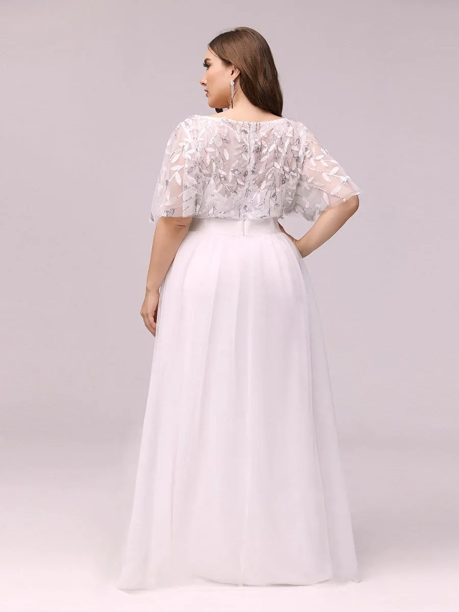 Plus Size Embroidery Short Sleeves Flowy White Wedding Dress
