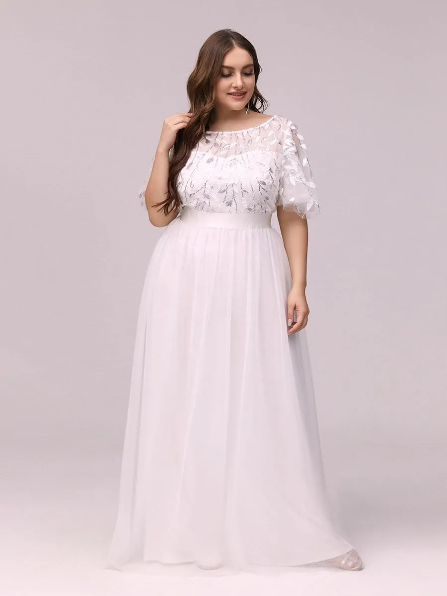 Plus Size Embroidery Short Sleeves Flowy White Wedding Dress