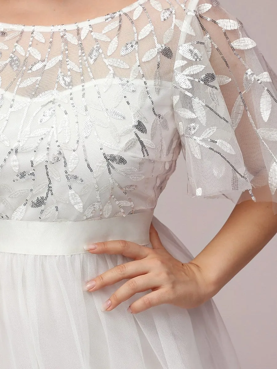 Plus Size Embroidery Short Sleeves Flowy White Wedding Dress