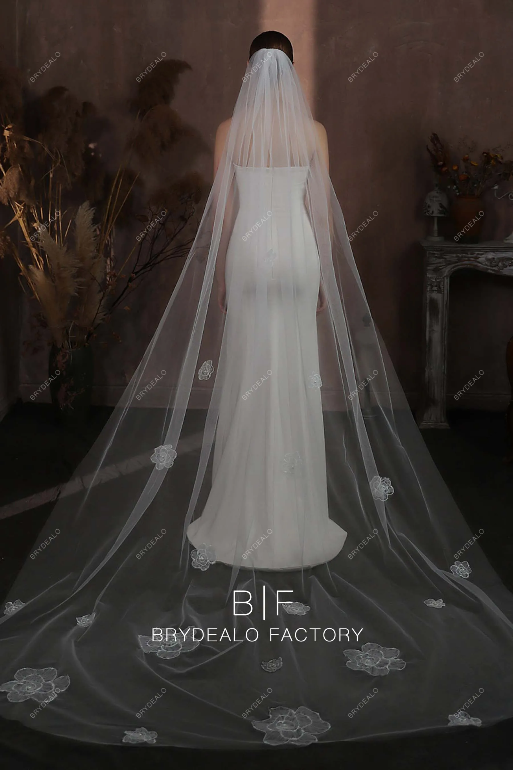 Romantic Flower Lace Cathedral Length Raw Cut Wedding Veil