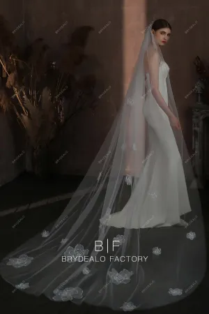 Romantic Flower Lace Cathedral Length Raw Cut Wedding Veil