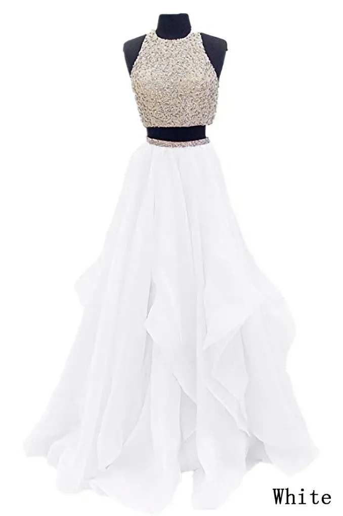 Sequins Beaded Organza Layered Two Piece Ball Gowns Prom Dress,Wedding Party Dress
