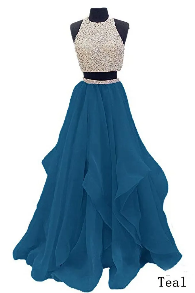 Sequins Beaded Organza Layered Two Piece Ball Gowns Prom Dress,Wedding Party Dress