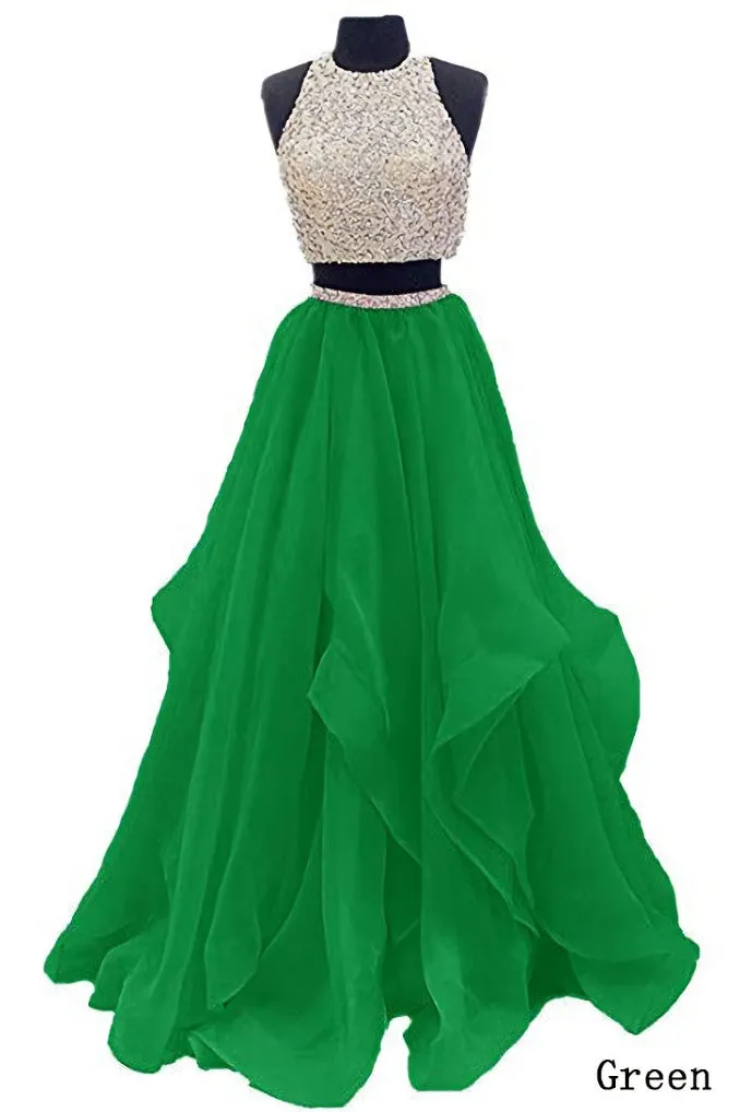 Sequins Beaded Organza Layered Two Piece Ball Gowns Prom Dress,Wedding Party Dress