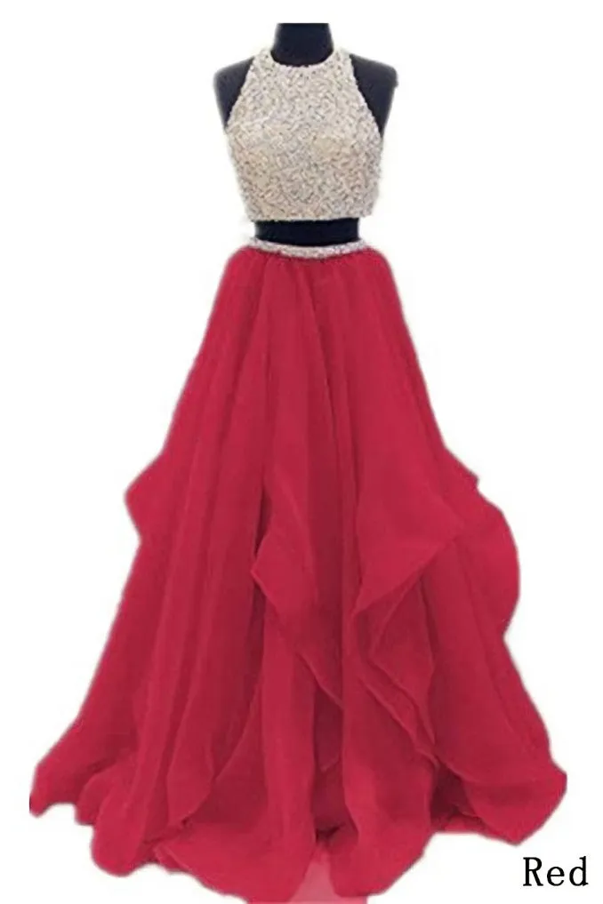 Sequins Beaded Organza Layered Two Piece Ball Gowns Prom Dress,Wedding Party Dress