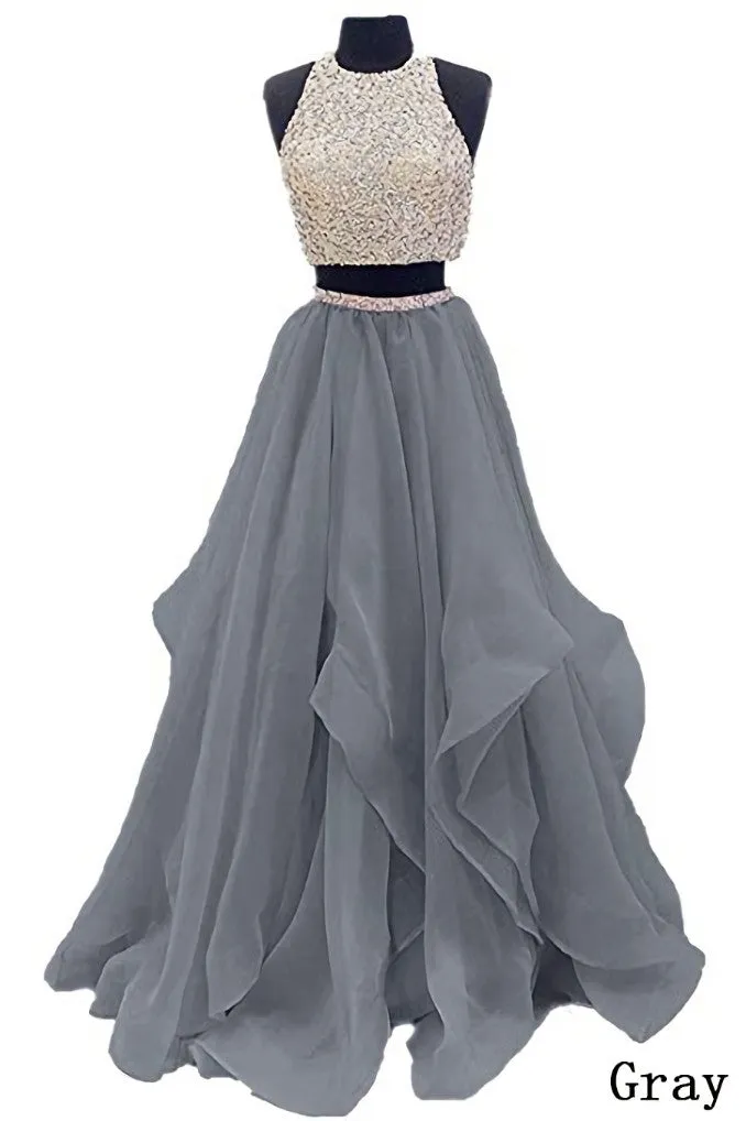 Sequins Beaded Organza Layered Two Piece Ball Gowns Prom Dress,Wedding Party Dress