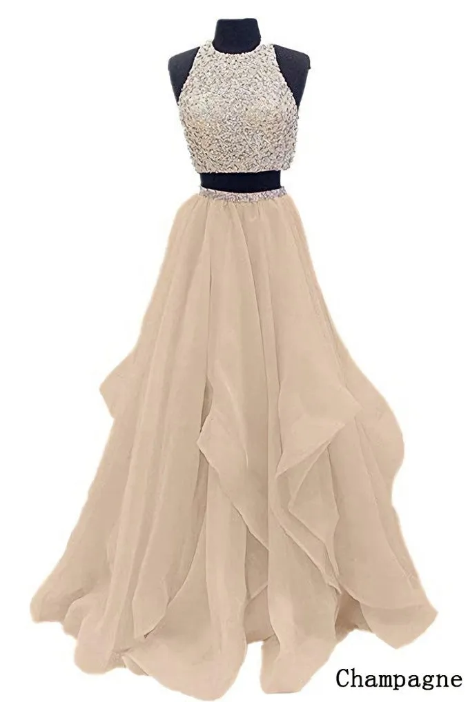 Sequins Beaded Organza Layered Two Piece Ball Gowns Prom Dress,Wedding Party Dress
