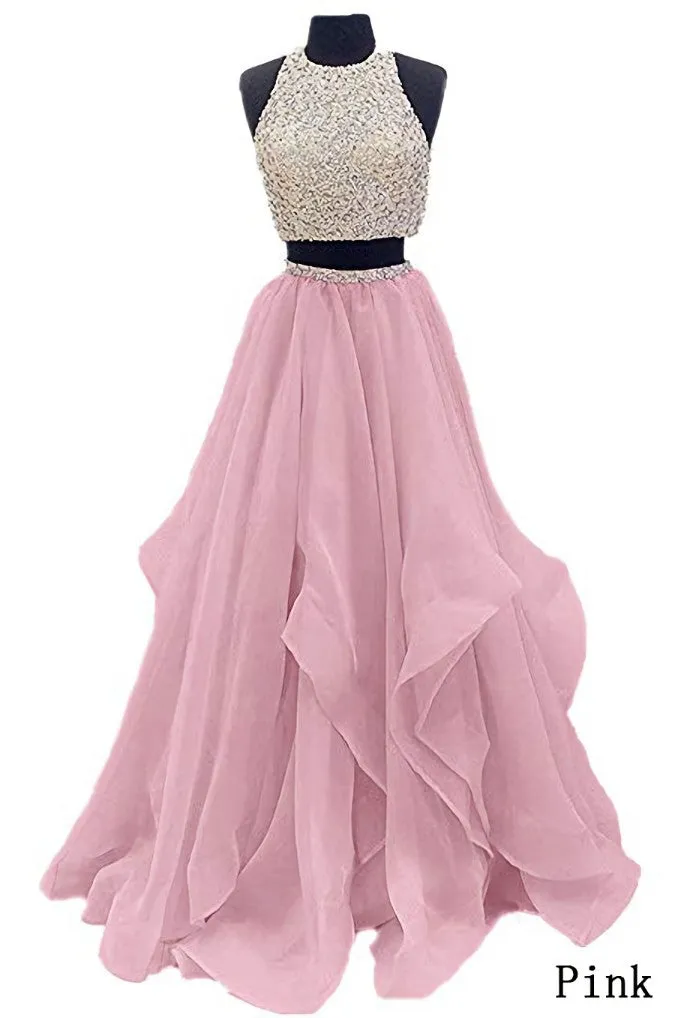 Sequins Beaded Organza Layered Two Piece Ball Gowns Prom Dress,Wedding Party Dress