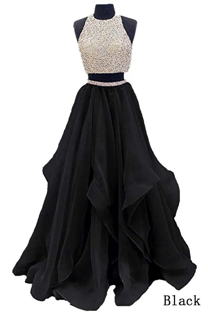 Sequins Beaded Organza Layered Two Piece Ball Gowns Prom Dress,Wedding Party Dress