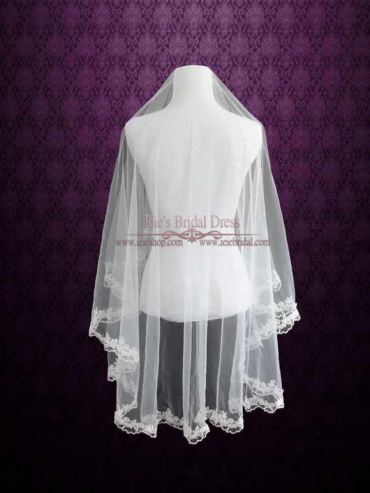 Short Fingertip Bridal Veil with Floral Lace VG1024