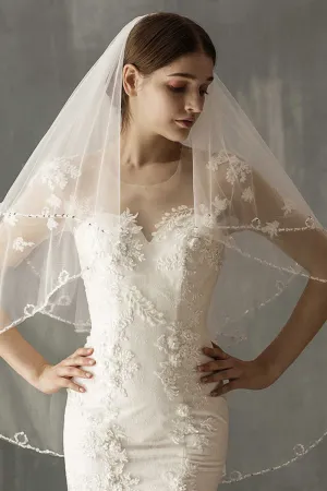 Simple White Mesh Beading Bridal Veil