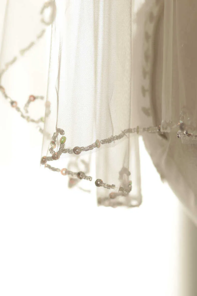 Simple White Mesh Beading Bridal Veil