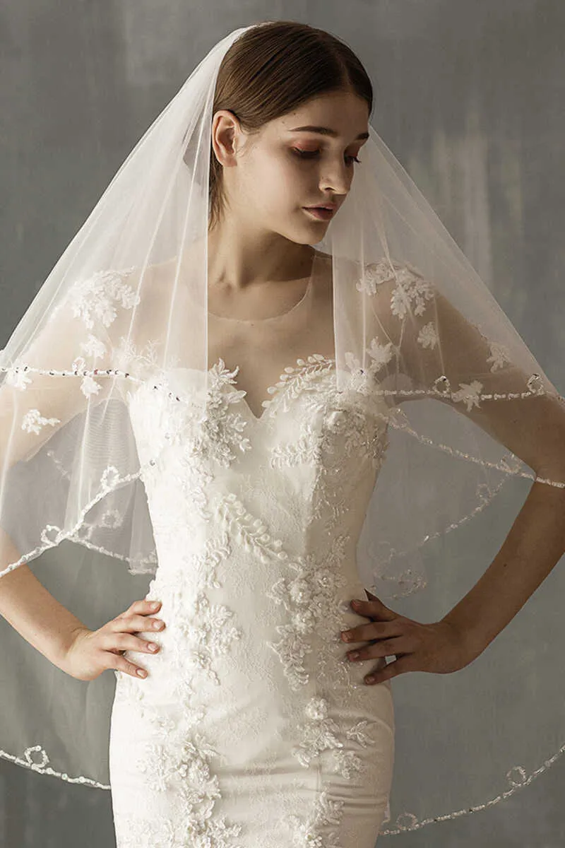 Simple White Mesh Beading Bridal Veil