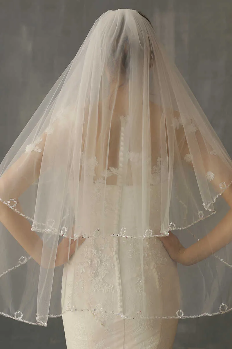 Simple White Mesh Beading Bridal Veil