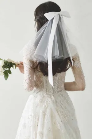Simple White Mesh Bridal Veil with Bow