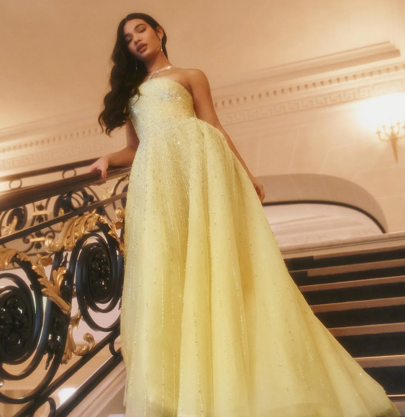 Sparkly Beaded Yellow Halter Evening Dress with Gloves SS313