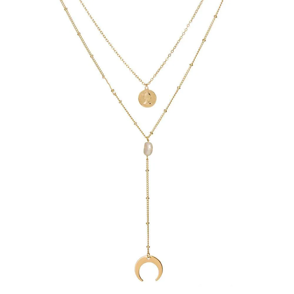 Two Layer Necklace with Moon and Gypsy Coin