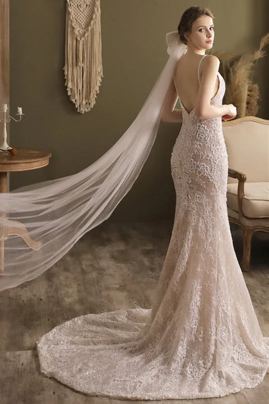 White Bow Polka Dot Long Bridal Veil